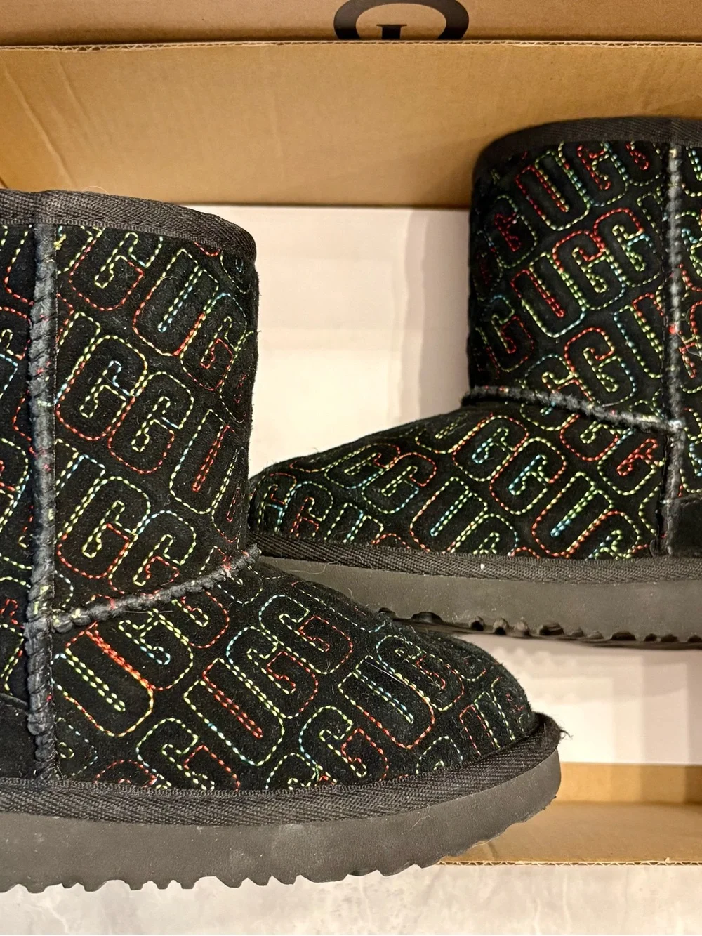 Girls UGG Black Quilted Logo Winter Boots with Multicolor Stitching